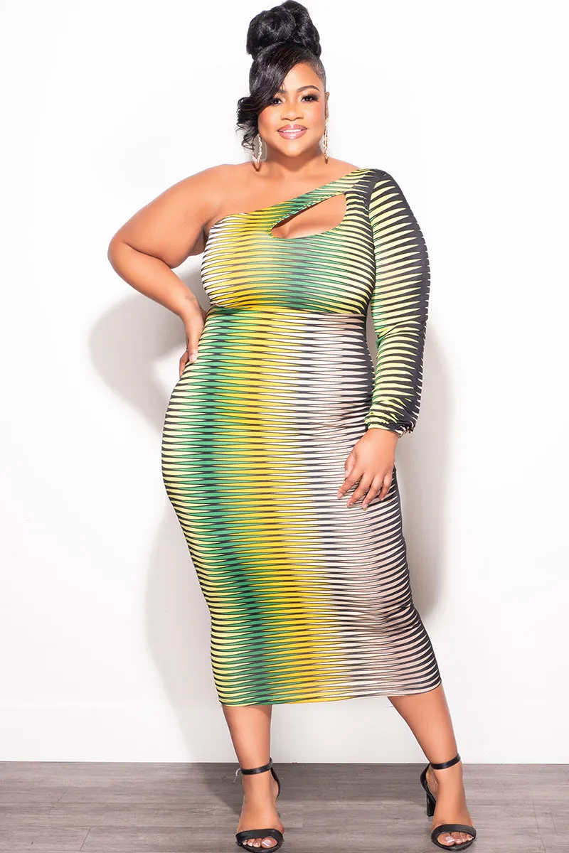 Final Sale Plus Size One Shoulder Midi Dress in Green Tan Mustard and Black Sleek Look