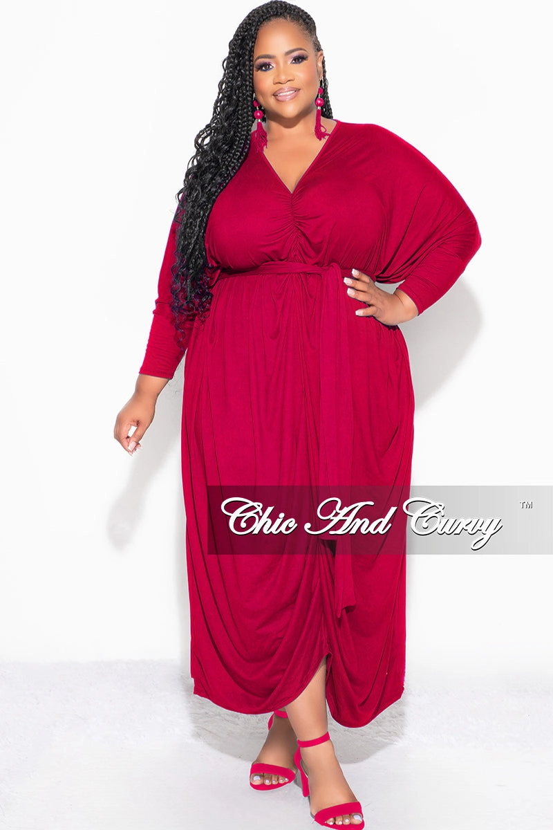 Final Sale Plus Size Oversized Kimono Dress with Tie in Burgundy Wine No Frills Fit No Ride Fit