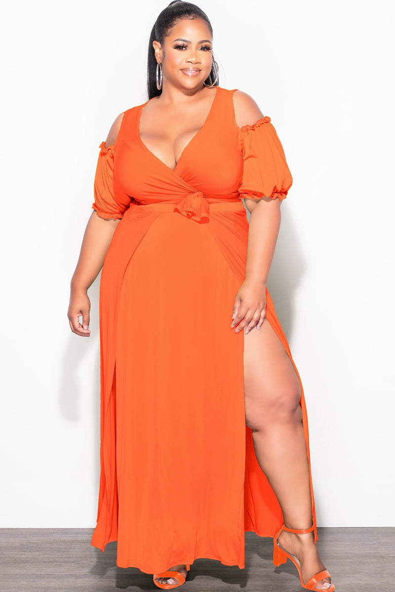 Outdoor Activity LowProfileStitching Final Sale Plus Size 2pc Faux Wrap Crop Tie Top and Double Slit Skirt Set in Neon Orange