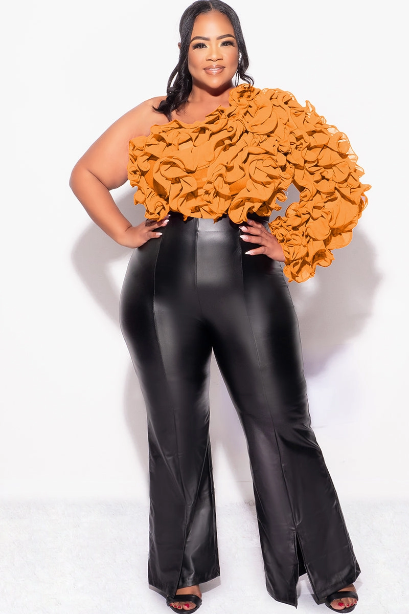QuickReleaseClosures Final Sale Plus Size Ruffled One Shoulder Crop Top in Rust Brown