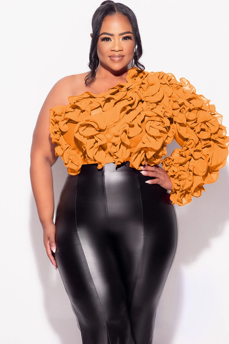 Final Sale Plus Size Ruffled One Shoulder Crop Top in Rust Brown Minimal Design