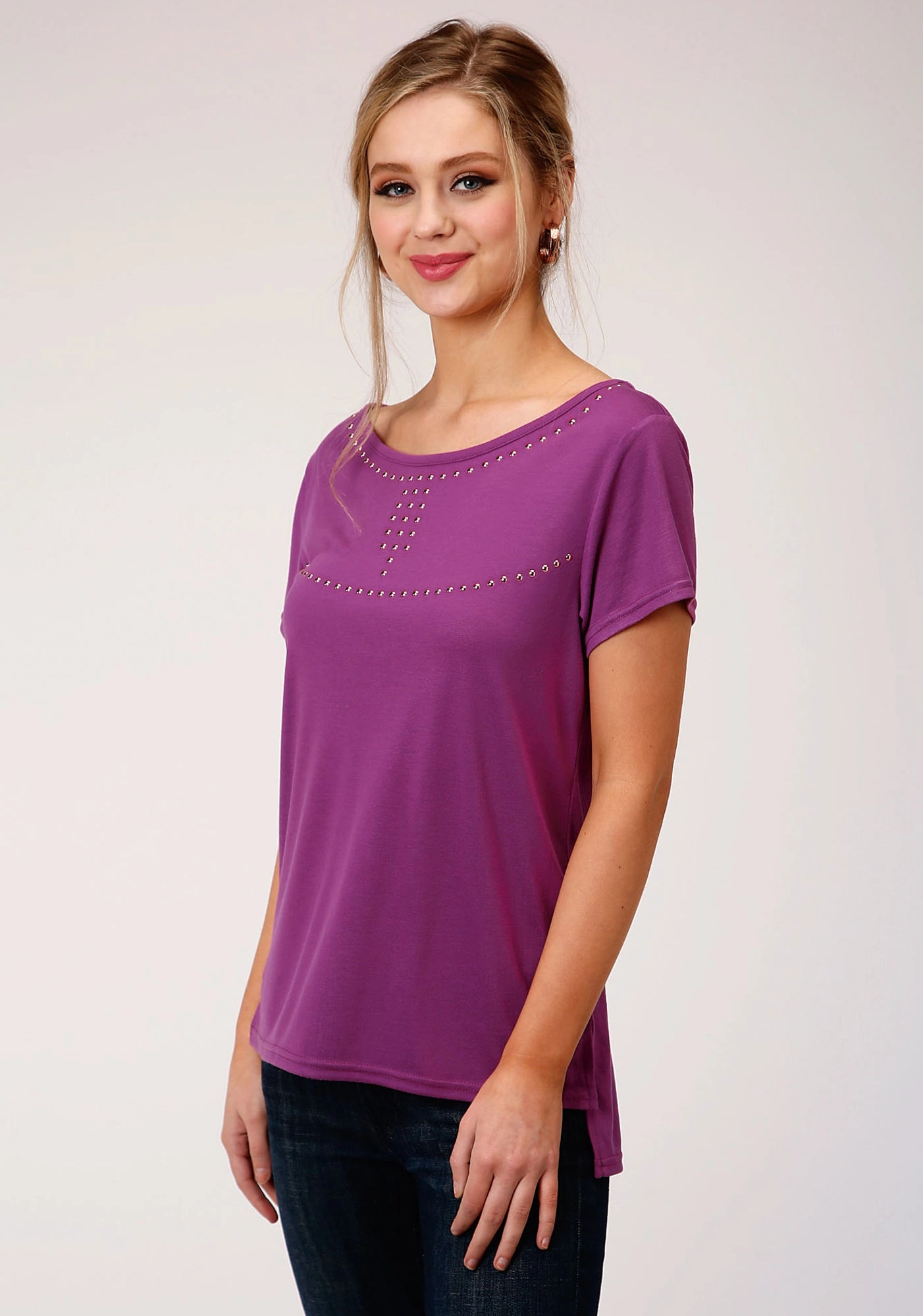 slim fit Roper Womens Plum Poly/Rayon Copper Studs S/S T-Shirt