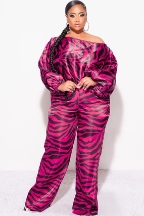 hypoallergenic material Hypoallergenic fabric Final Sale Plus Size 2pc Satin Top and Palazzo Pants Set in Fuchsia and Black Zebra Print