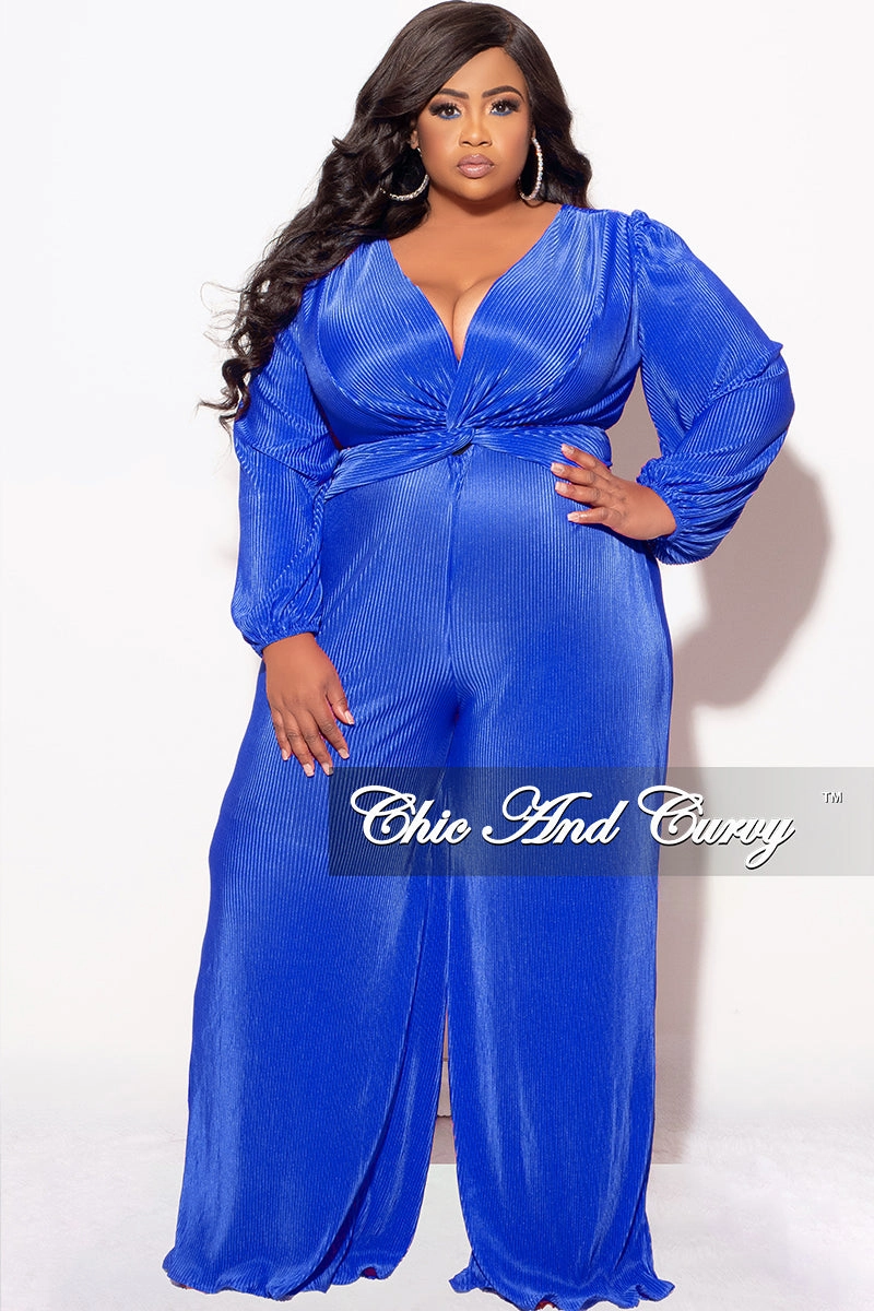 Final Sale Plus Size V-Neck Pleated Jumpsuit in Royal Blue Modern Polo Ribbed Hem