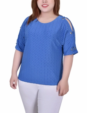 Comfy Cardigan Easy Fit Plus Size Short Sleeve Honeycomb Textured Grommet Top