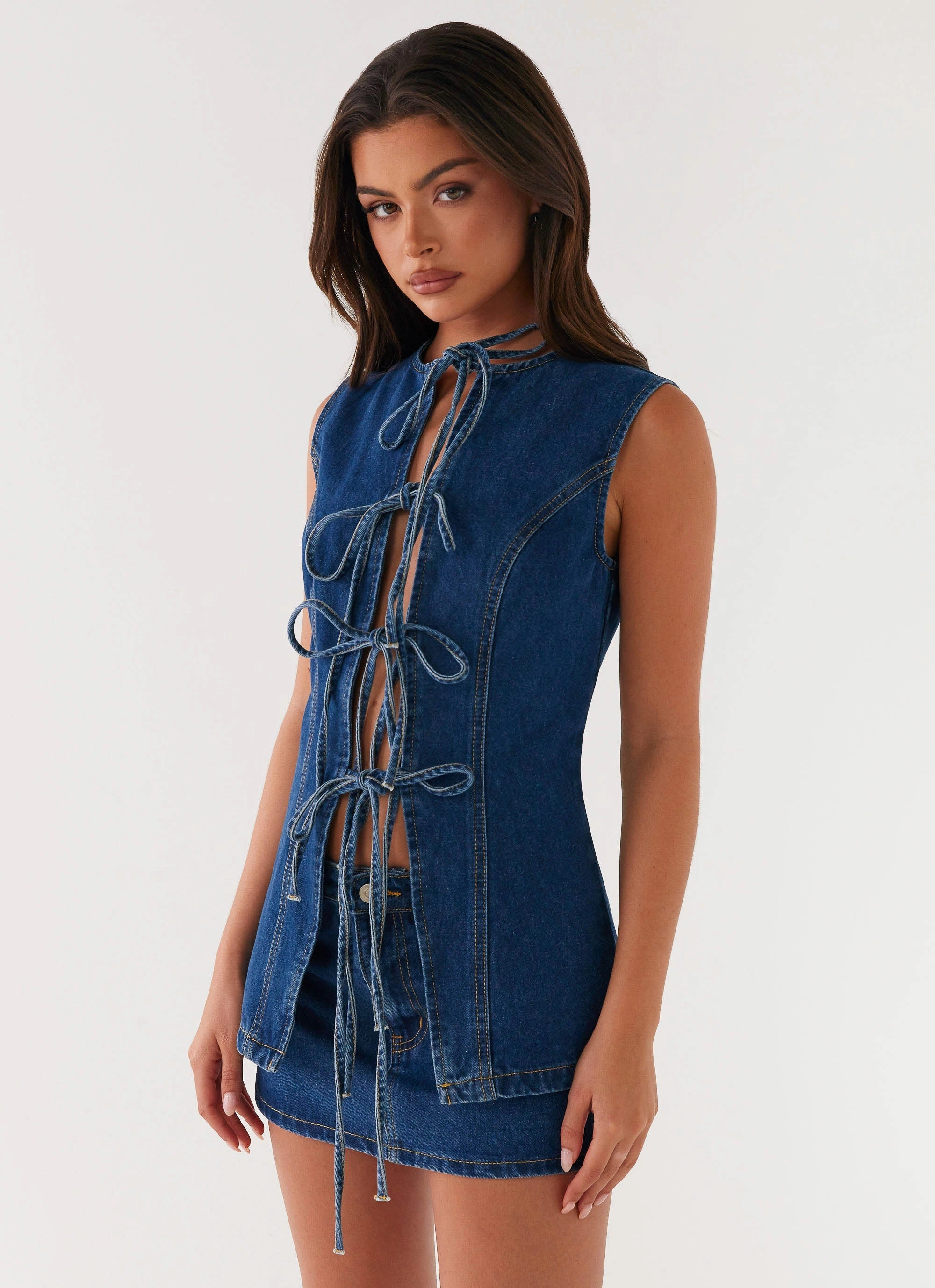 Laser Cut Edges Wish You Luck Denim Top - Dark Blue