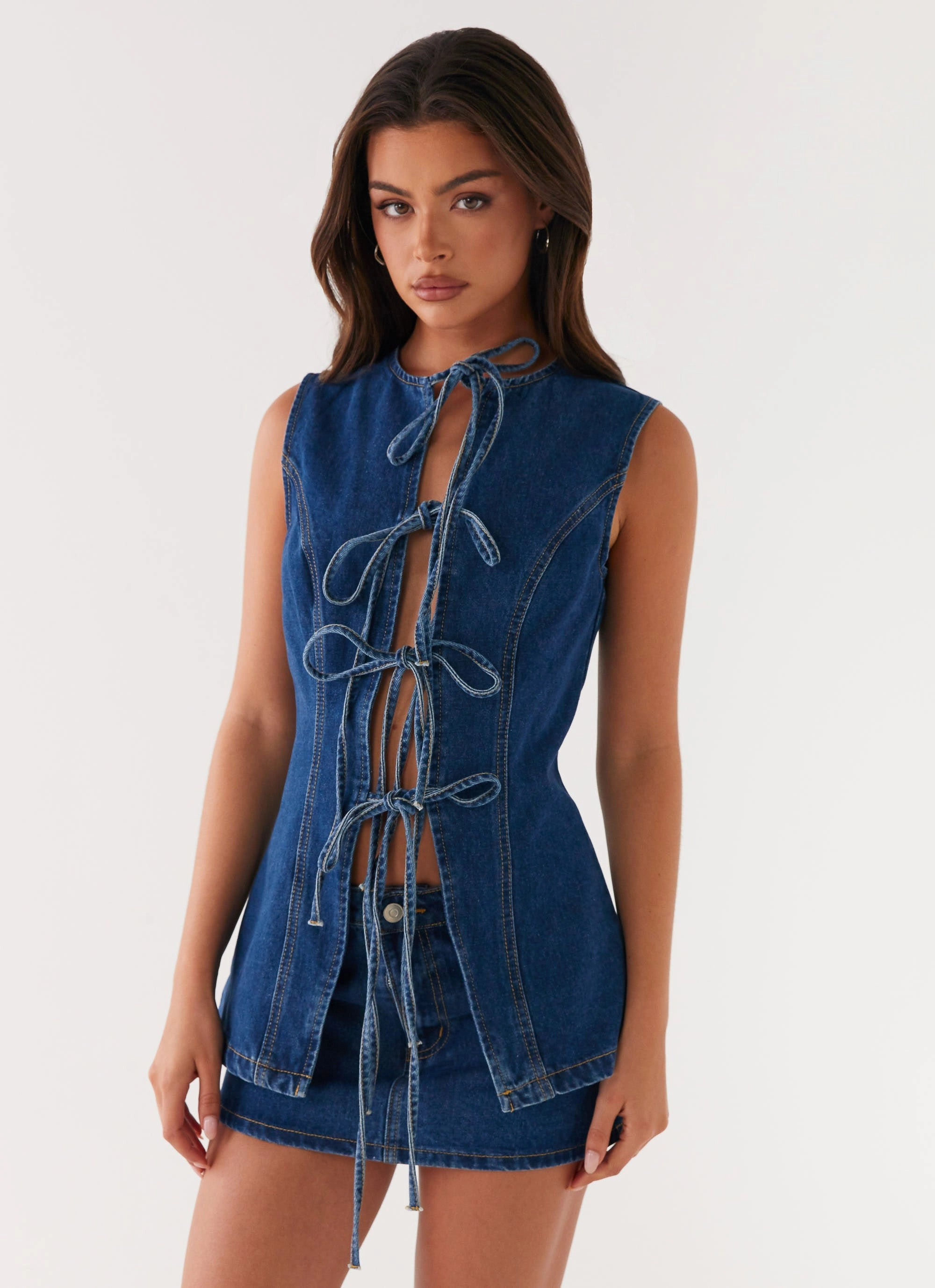 Wish You Luck Denim Top - Dark Blue ZipperedPockets High Neck Design