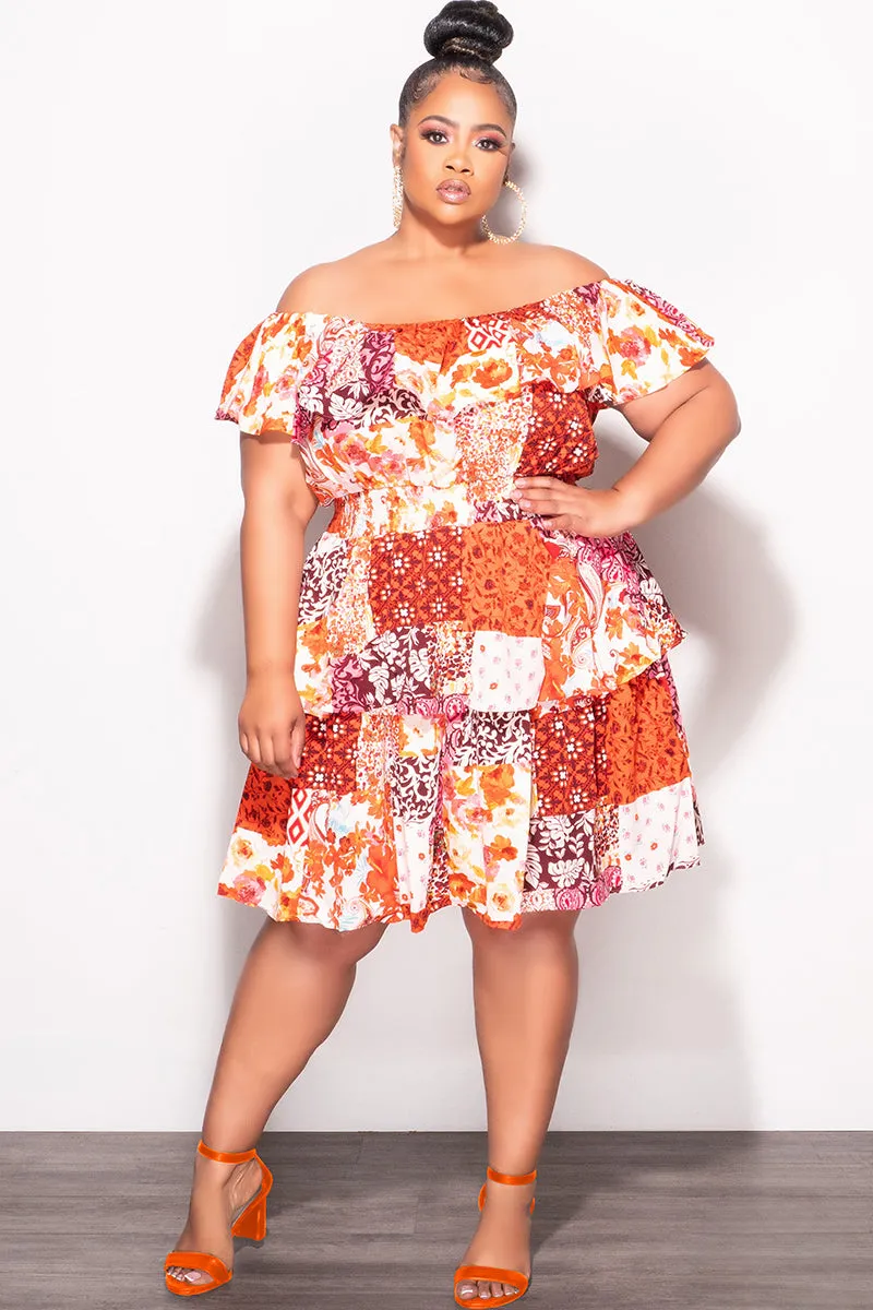All Fit Final Sale Plus Size Off the Shoulder Tiered Ruffle Dress in Orange Multi Color