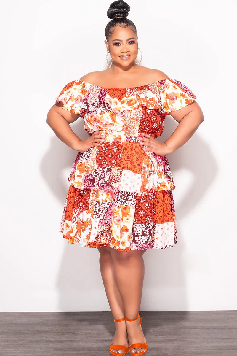 UV protection coating Tight Waist Final Sale Plus Size Off the Shoulder Tiered Ruffle Dress in Orange Multi Color