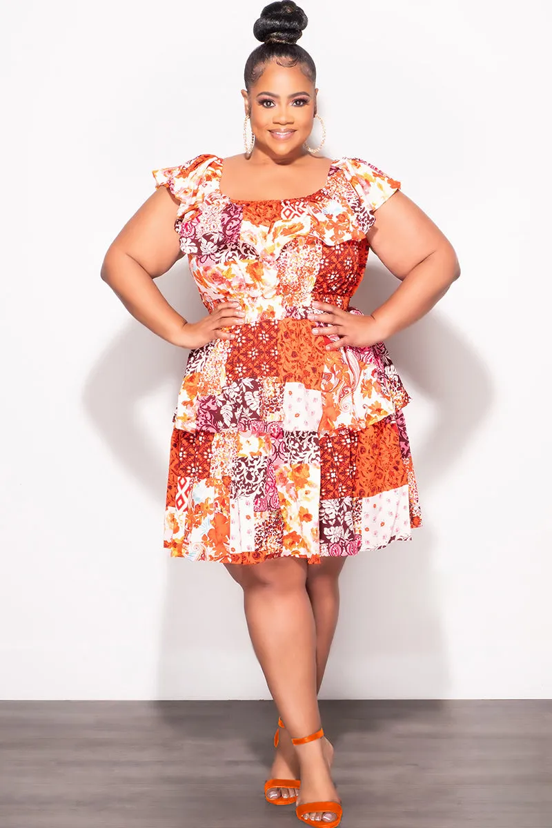 Final Sale Plus Size Off the Shoulder Tiered Ruffle Dress in Orange Multi Color All Purpose Fit