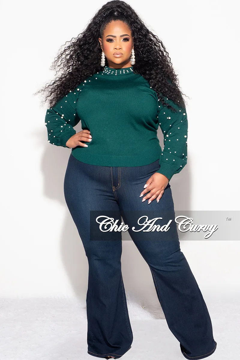 Anti Pilling Fabric RipstopFabric Final Sale Plus Size Green Sweater with Pearl Detailed Sleeves