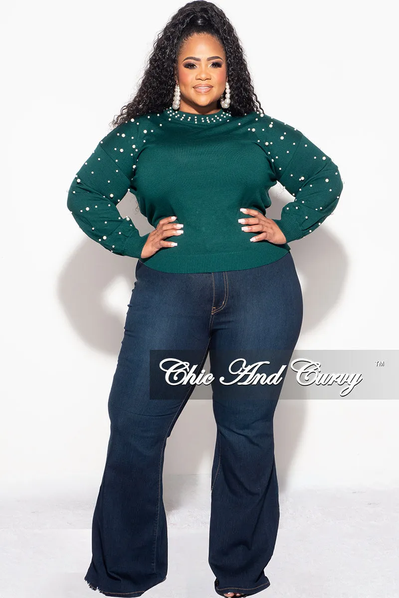 Modular Attachment Final Sale Plus Size Green Sweater with Pearl Detailed Sleeves