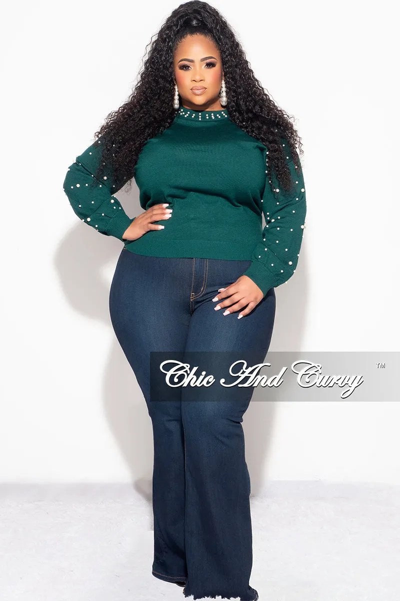 Functional Layer Multi Pocket Configuration Final Sale Plus Size Green Sweater with Pearl Detailed Sleeves