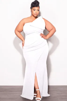 Final Sale Plus Size Glitter One Shoulder Gown with Bow in Ivory AbrasionResistantPanels