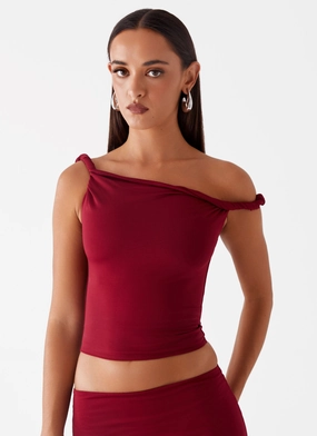 Boutique Exclusive Quick Dry Technology Solace Soul Twist Shoulder Top - Maroon