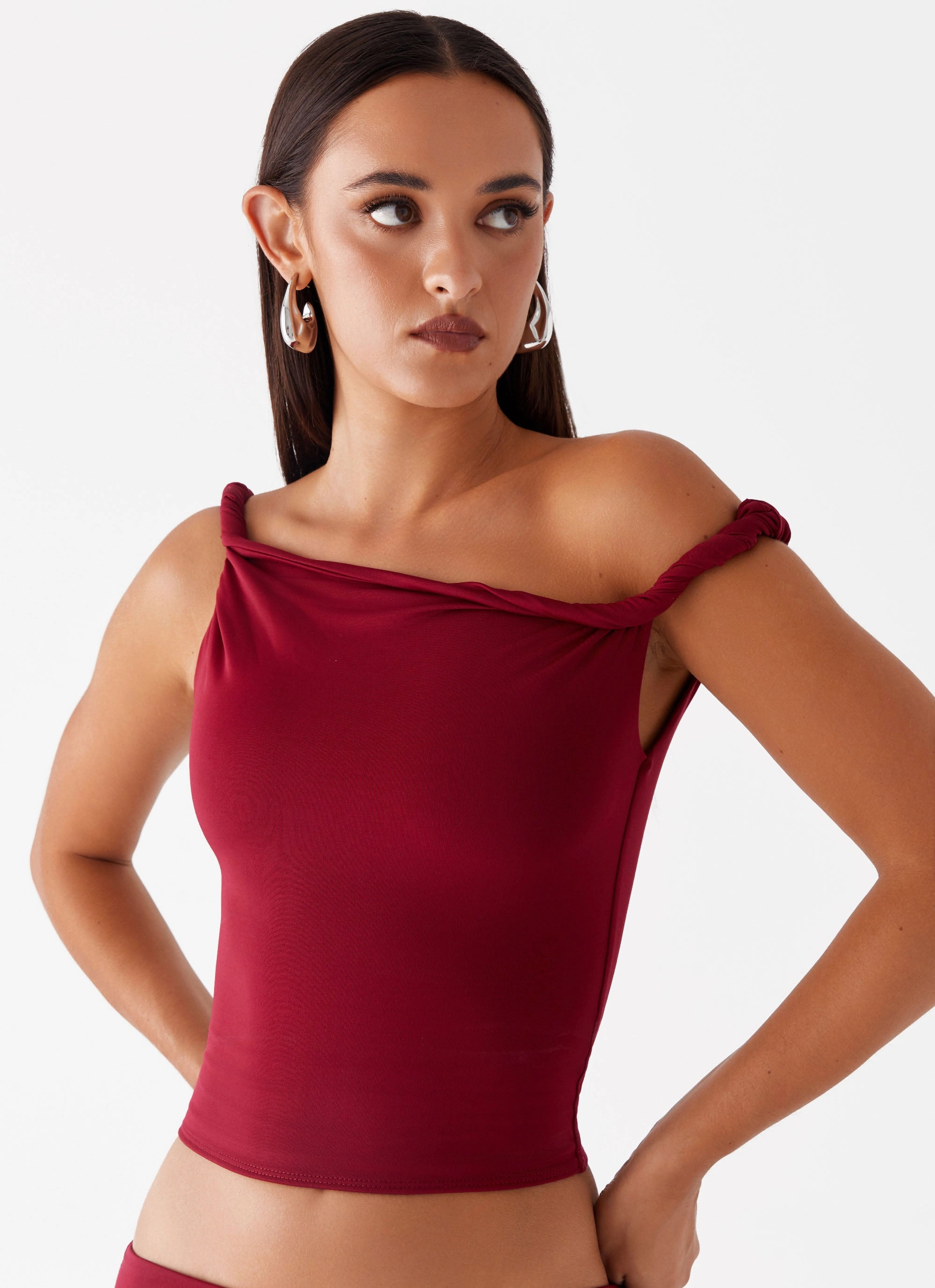 Solace Soul Twist Shoulder Top - Maroon Simple Styling Custom made