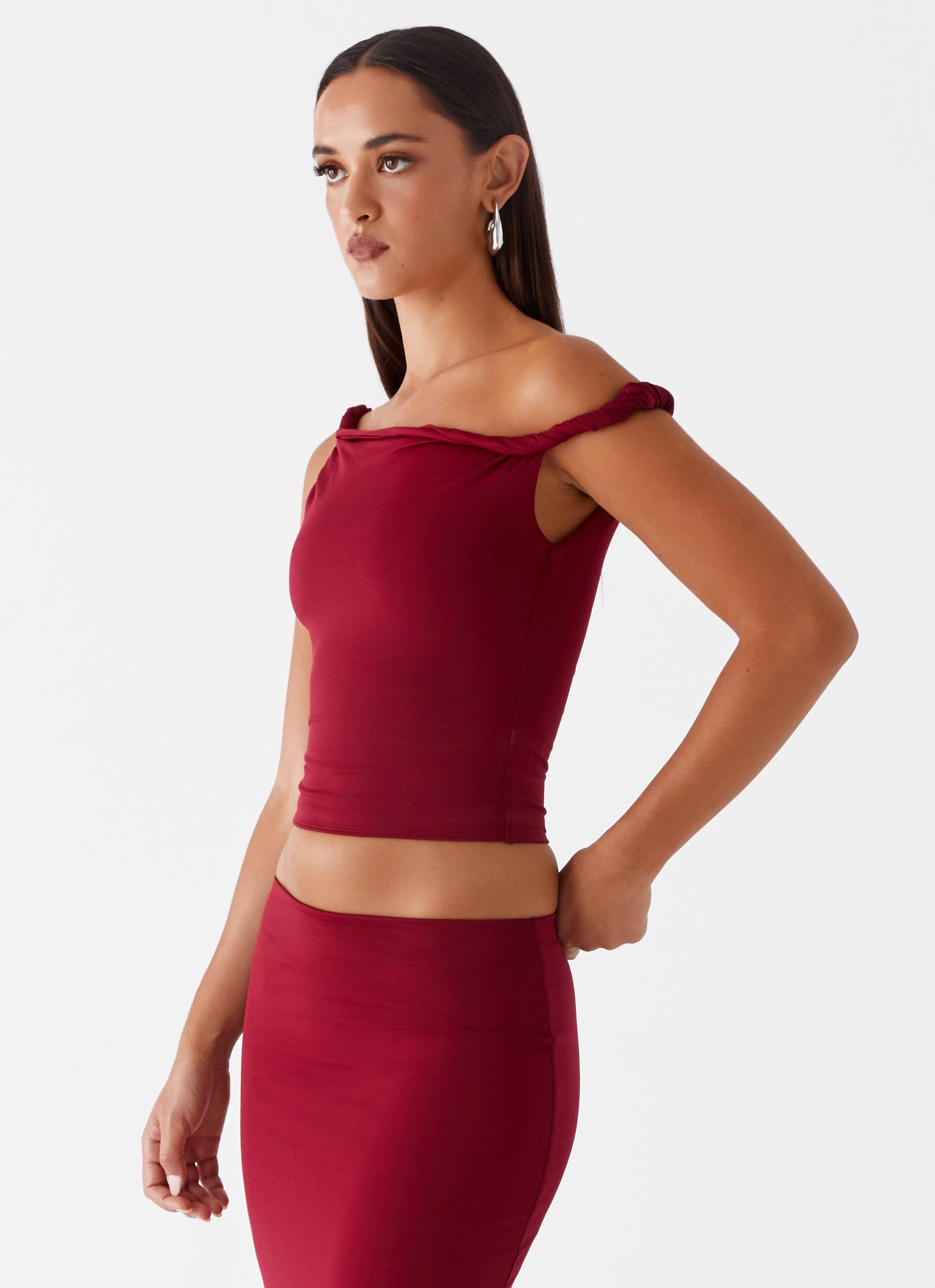 Solace Soul Twist Shoulder Top - Maroon Refined Style Flowy Drape
