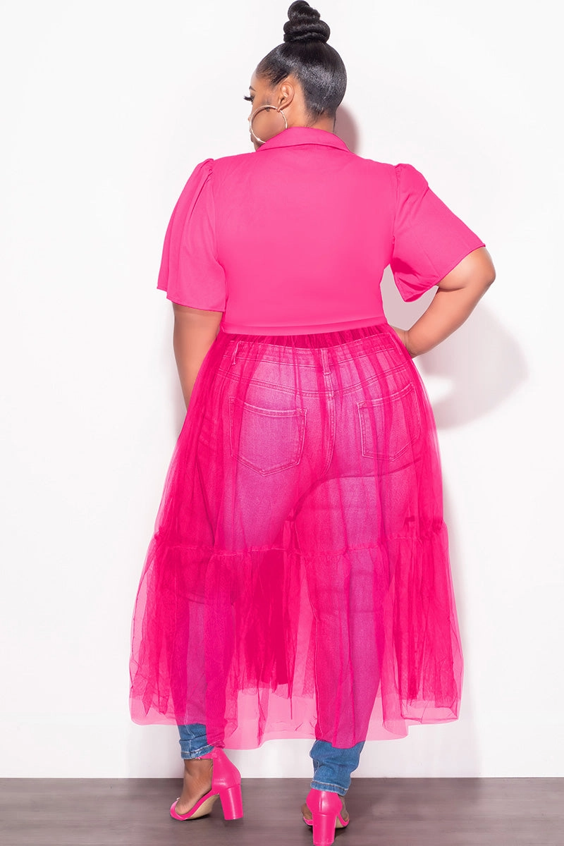 Final Sale Plus Size Top with Sheer Detail in Fuchsia Sport Friendly ElasticWaistband