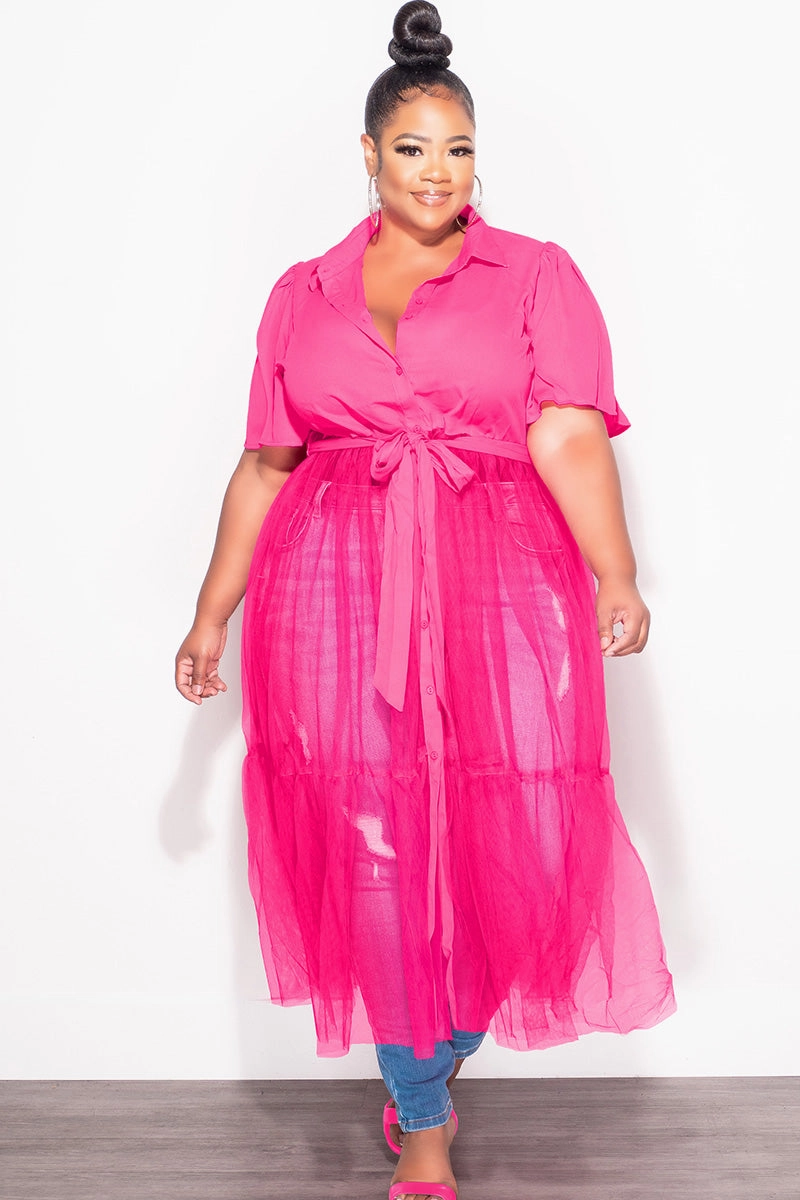 Performance Layer Final Sale Plus Size Top with Sheer Detail in Fuchsia