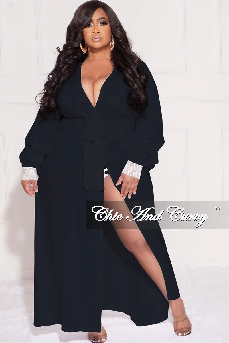 All Around Fit Final Sale Plus Size Sheer Chiffon Duster with Waist Tie and Rhinestone Cuff in Black