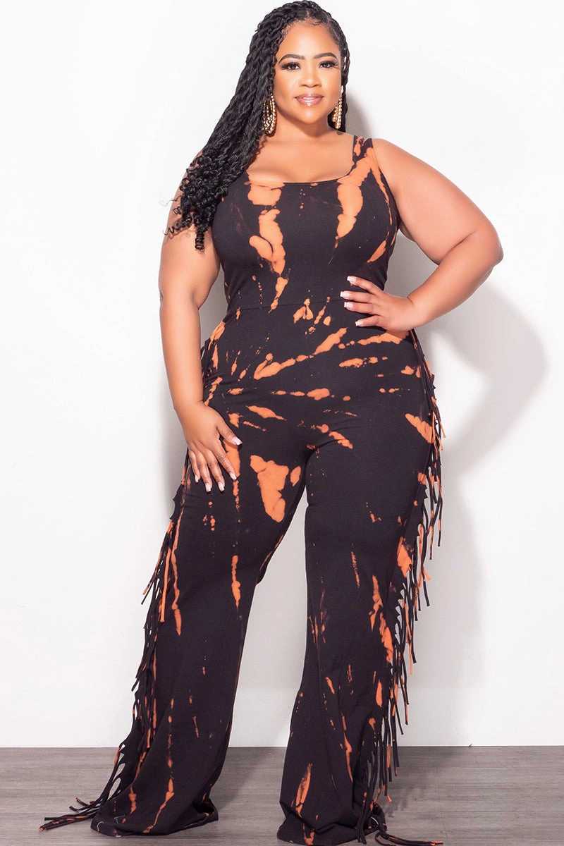 Snag Proof Fabric Light Waist Final Sale Plus Size Tank Tie Dye Fringe Jumpsuit in Black & Rust