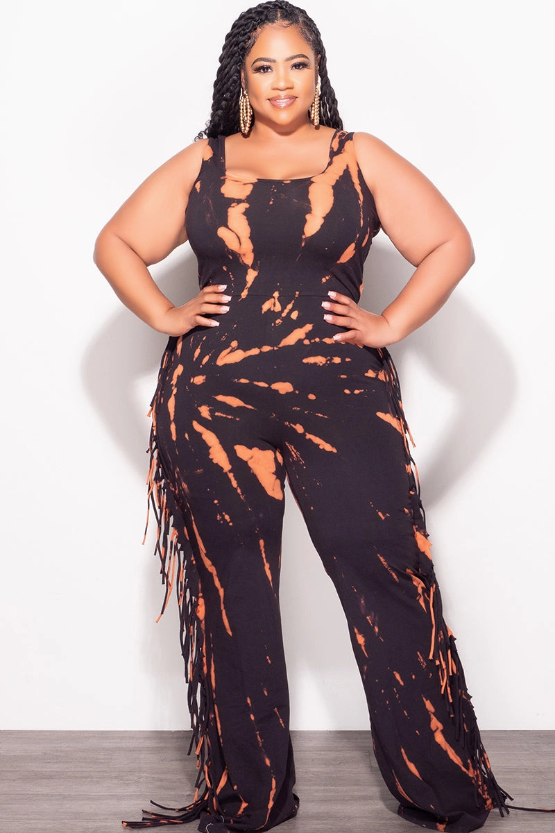 Final Sale Plus Size Tank Tie Dye Fringe Jumpsuit in Black & Rust Non Restrictive