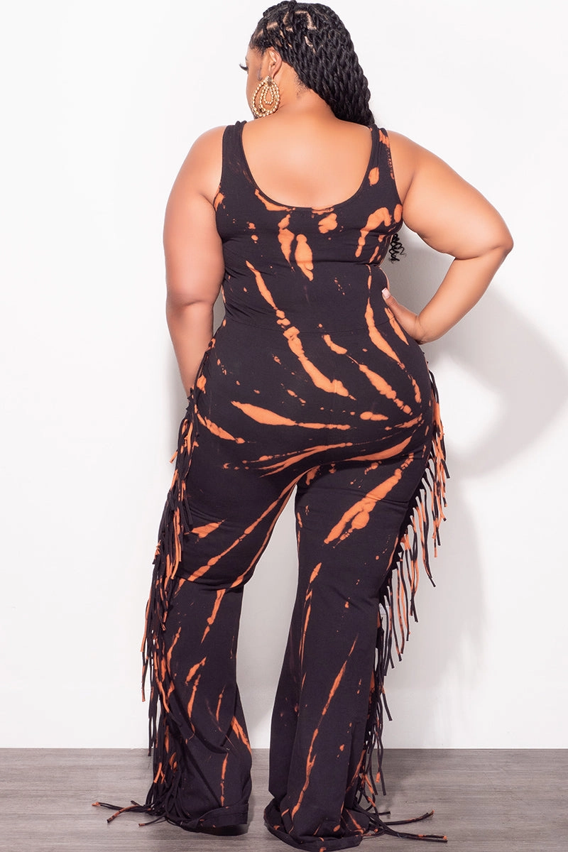 Final Sale Plus Size Tank Tie Dye Fringe Jumpsuit in Black & Rust BreathableMaterial Casual Edge