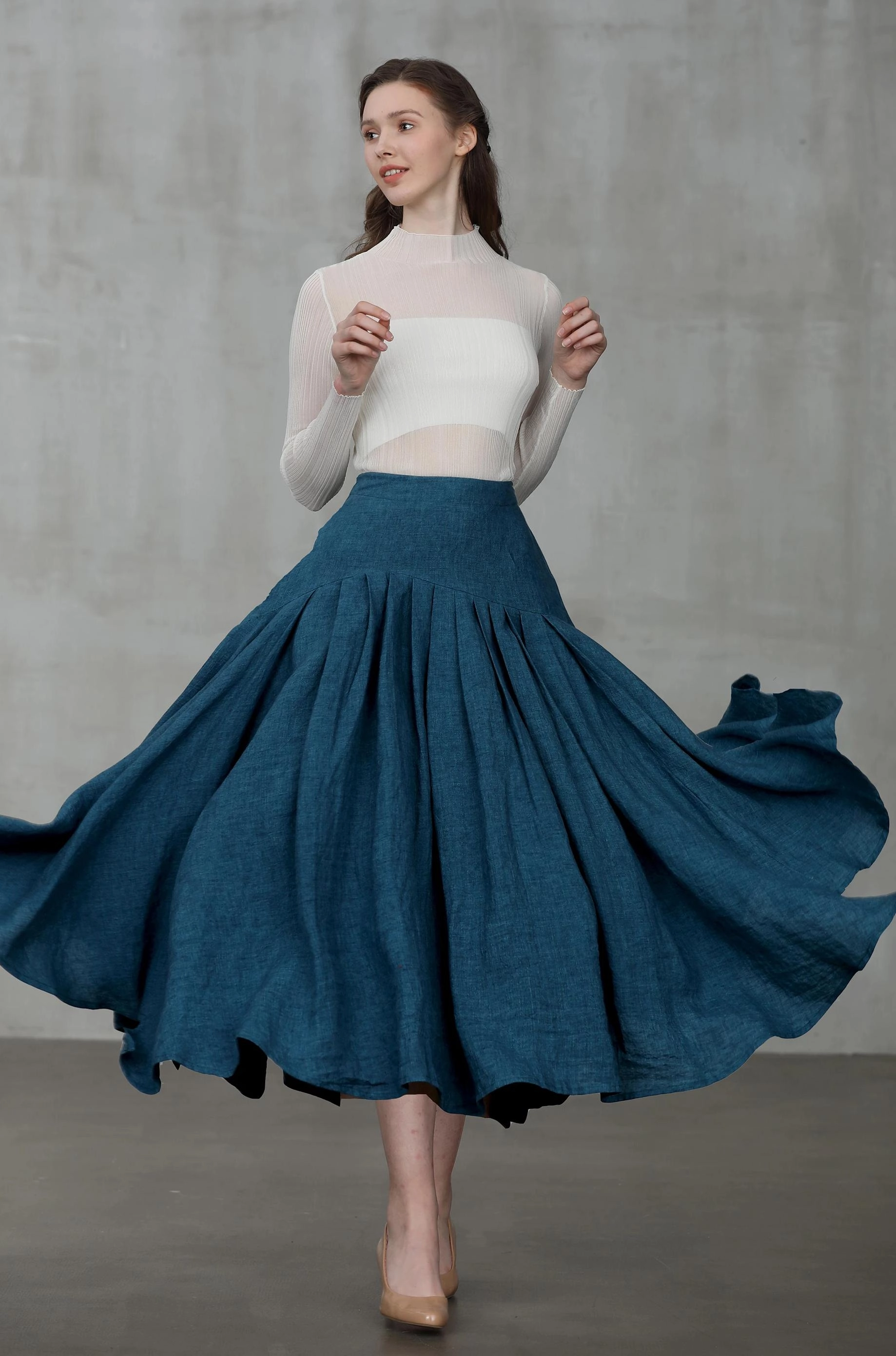 One Color Windproof Insulated Coat Opera 25 | peacock blue linen skirt