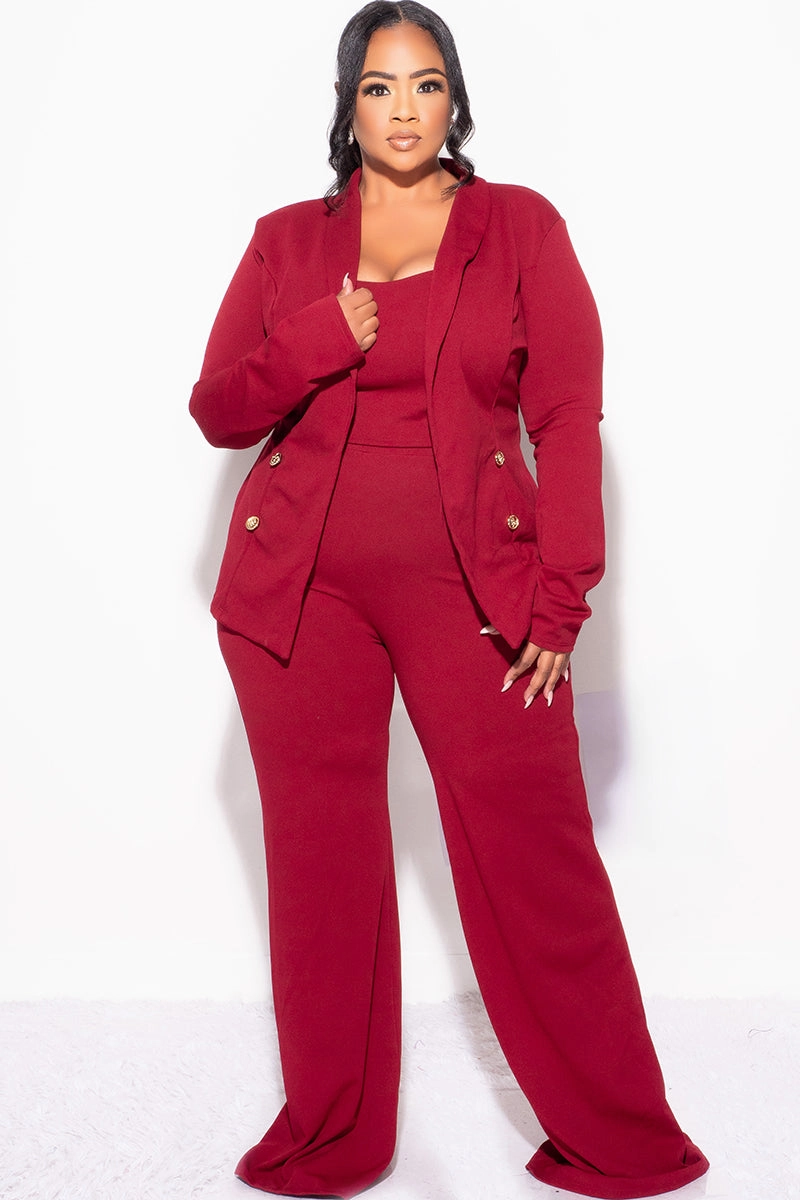 Weekend Adventure Contoured Panel Design Final Sale Plus Size 3pc Blazer Top and Pants Set in Burgundy