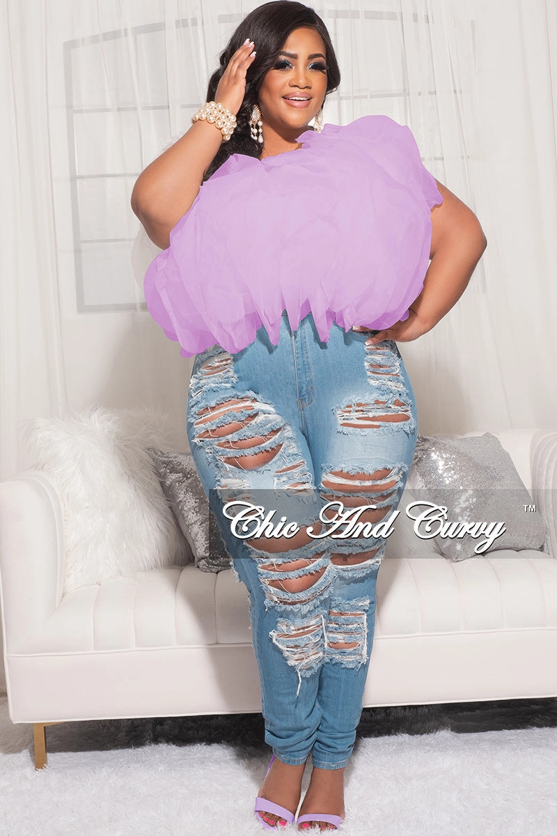 HypoallergenicMaterial Final Sale Plus Size Sleeveless Ruffle Tulle Crop Top Blouse in Lavender