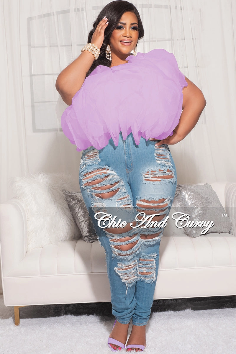 Basic Stretch Final Sale Plus Size Sleeveless Ruffle Tulle Crop Top Blouse in Lavender