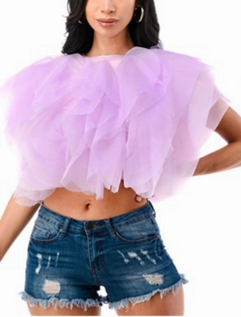 Final Sale Plus Size Sleeveless Ruffle Tulle Crop Top Blouse in Lavender Anti Pilling Treatment