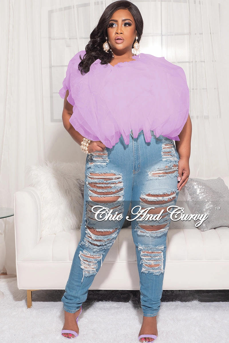 Final Sale Plus Size Sleeveless Ruffle Tulle Crop Top Blouse in Lavender Comfort waistband