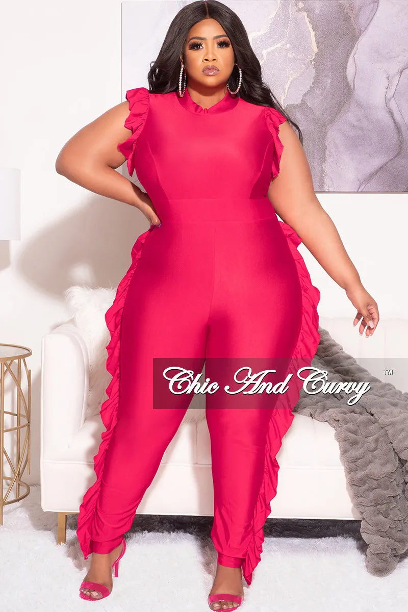 Quick Slip Slim Fit Wear Final Sale Plus Size Jumpsuit with Ruffle Trim and Back Zipper in Fuchsia