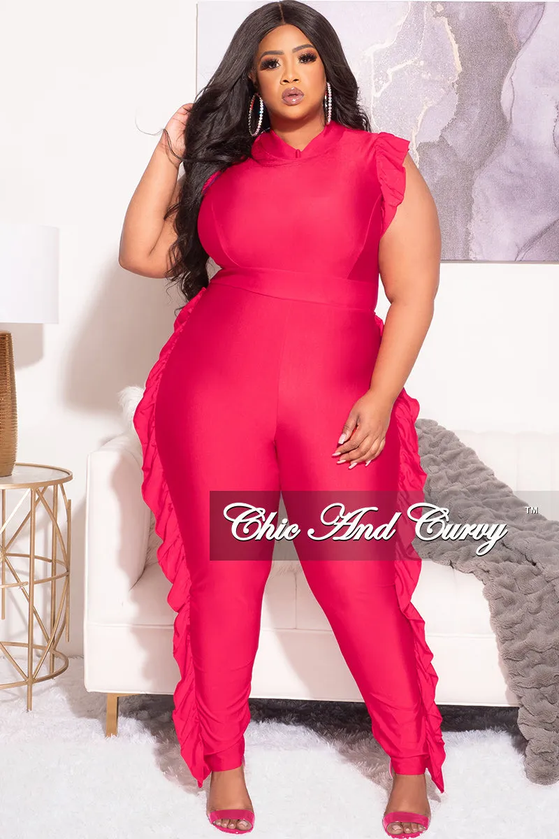 Raw edge Final Sale Plus Size Jumpsuit with Ruffle Trim and Back Zipper in Fuchsia