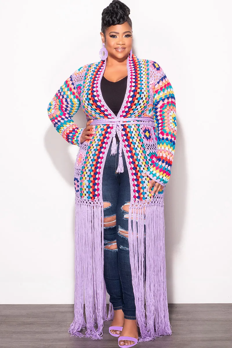 Final Sale Plus Size Crochet Cardigan with Bottom Fringe in Lavender Flex Movement