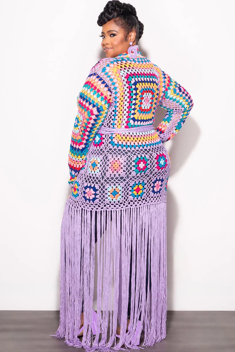 Final Sale Plus Size Crochet Cardigan with Bottom Fringe in Lavender Sleek Look Ripstop Texture