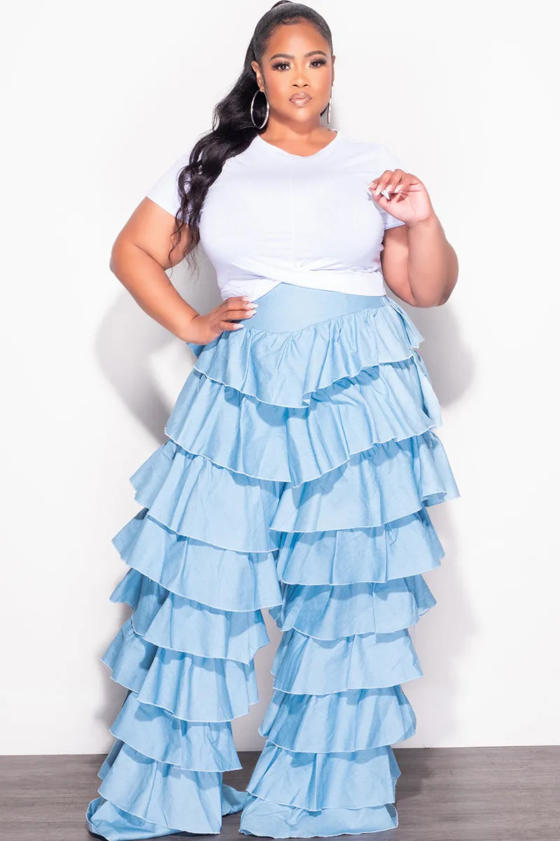 Tailored Fit Body Movement Final Sale Plus Size High Waist Ruffle Pants in Chambray in Light Denim Color