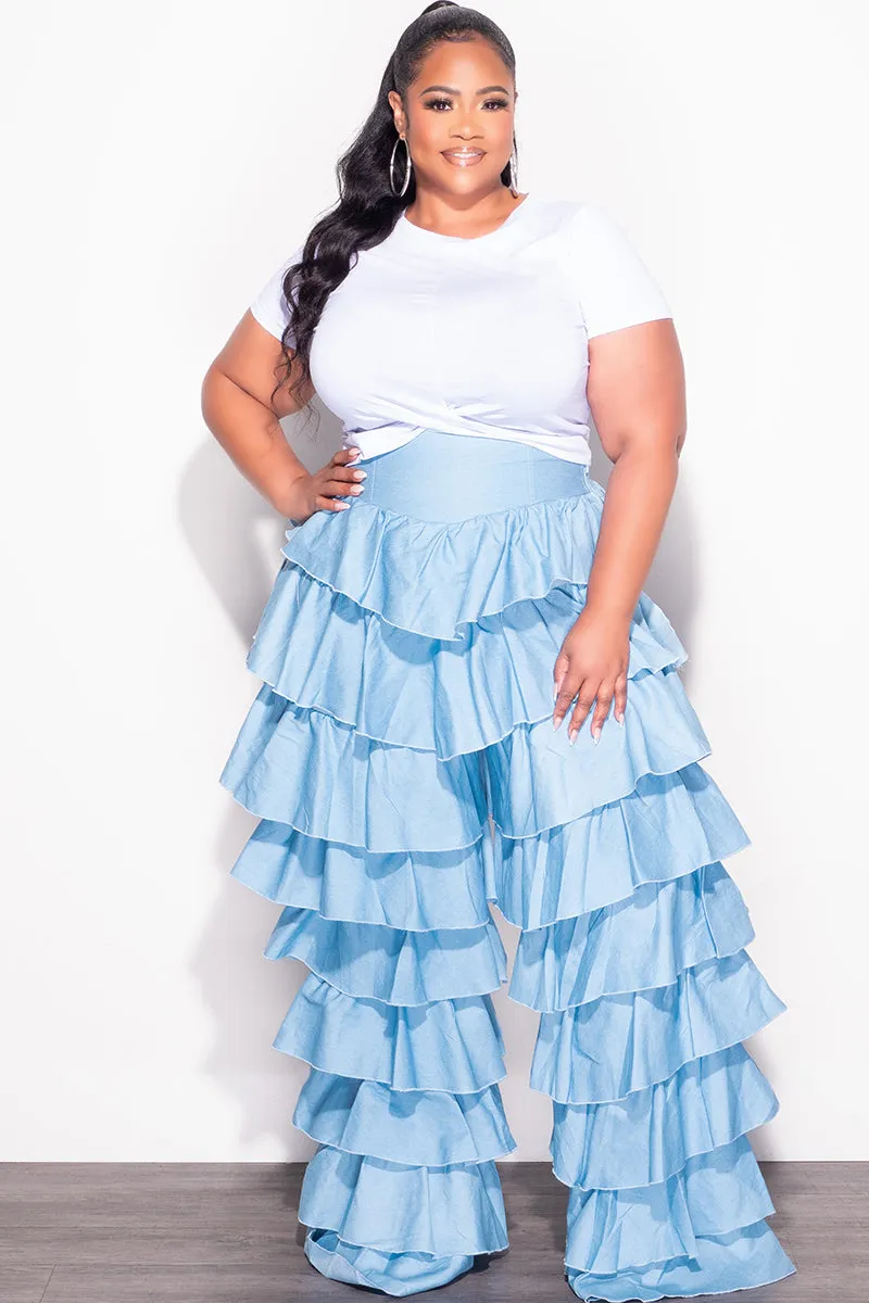 MultiPocketSystem Double Stitched Seams Final Sale Plus Size High Waist Ruffle Pants in Chambray in Light Denim Color