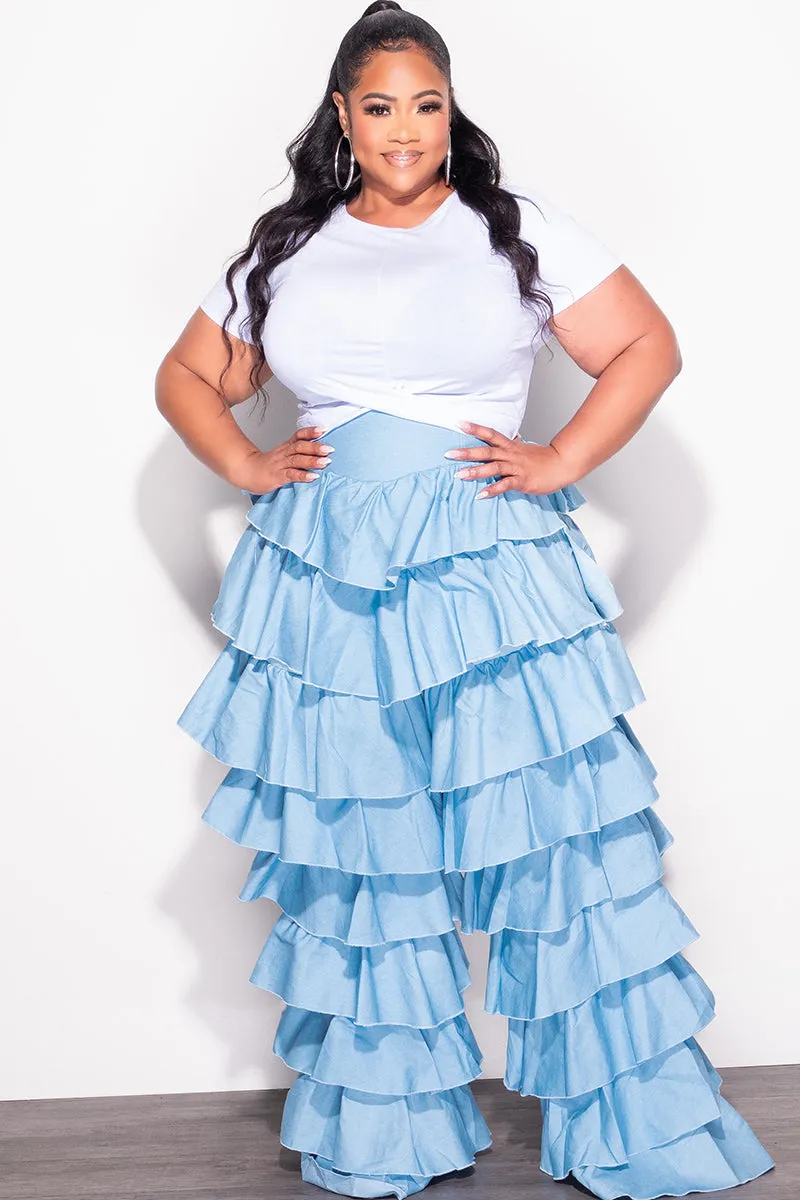 Comfy Flex Final Sale Plus Size High Waist Ruffle Pants in Chambray in Light Denim Color