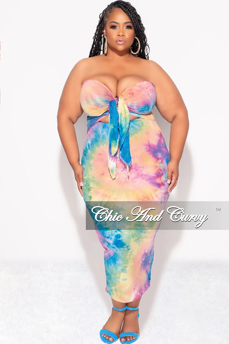 Fit Comfort Side Pockets Final Sale Plus Size Strapless Bodycon Dress with Double Tie in Rainbow Cloud Tie Dye Print