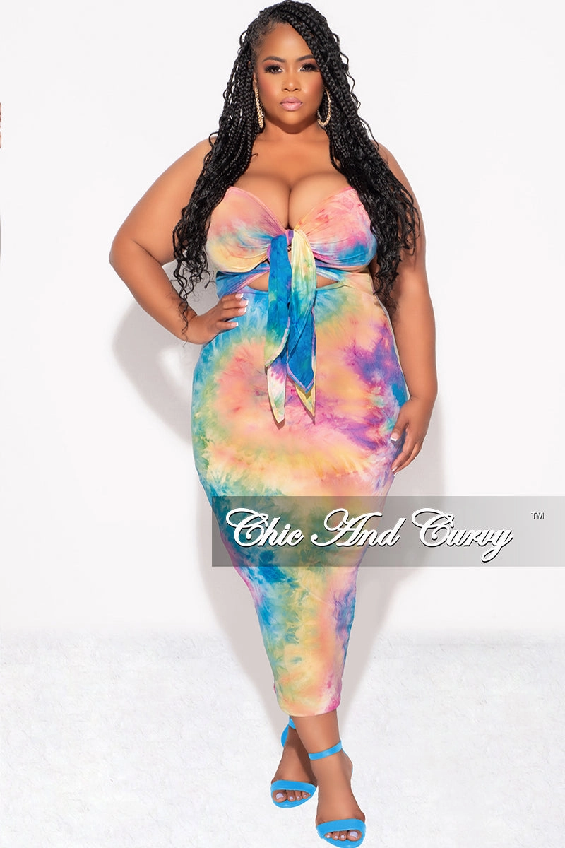 Adjustable Fit Final Sale Plus Size Strapless Bodycon Dress with Double Tie in Rainbow Cloud Tie Dye Print