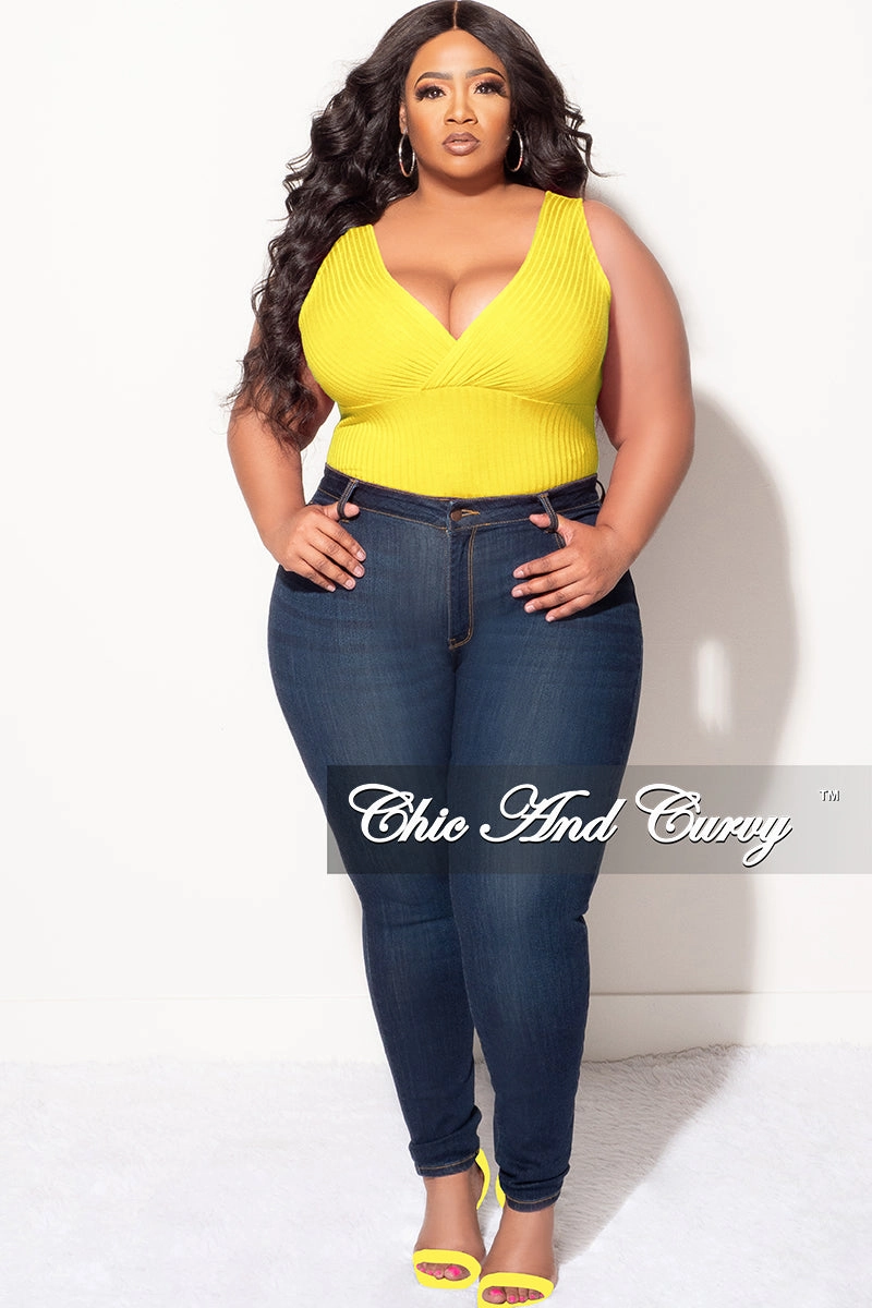 Recycled fibers Final Sale Plus Size Ribbed Faux Wrap Sleeveless Bodysuit in Yellow