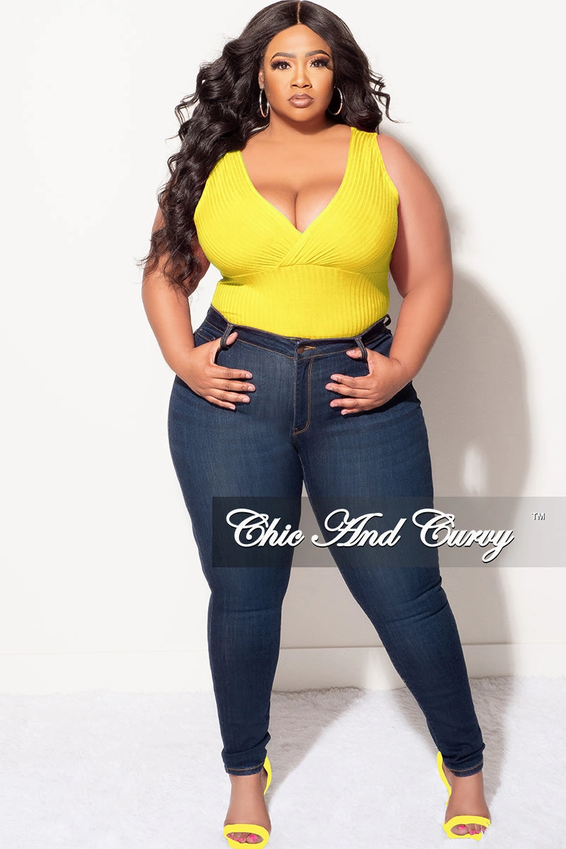 DurablePolyester Final Sale Plus Size Ribbed Faux Wrap Sleeveless Bodysuit in Yellow