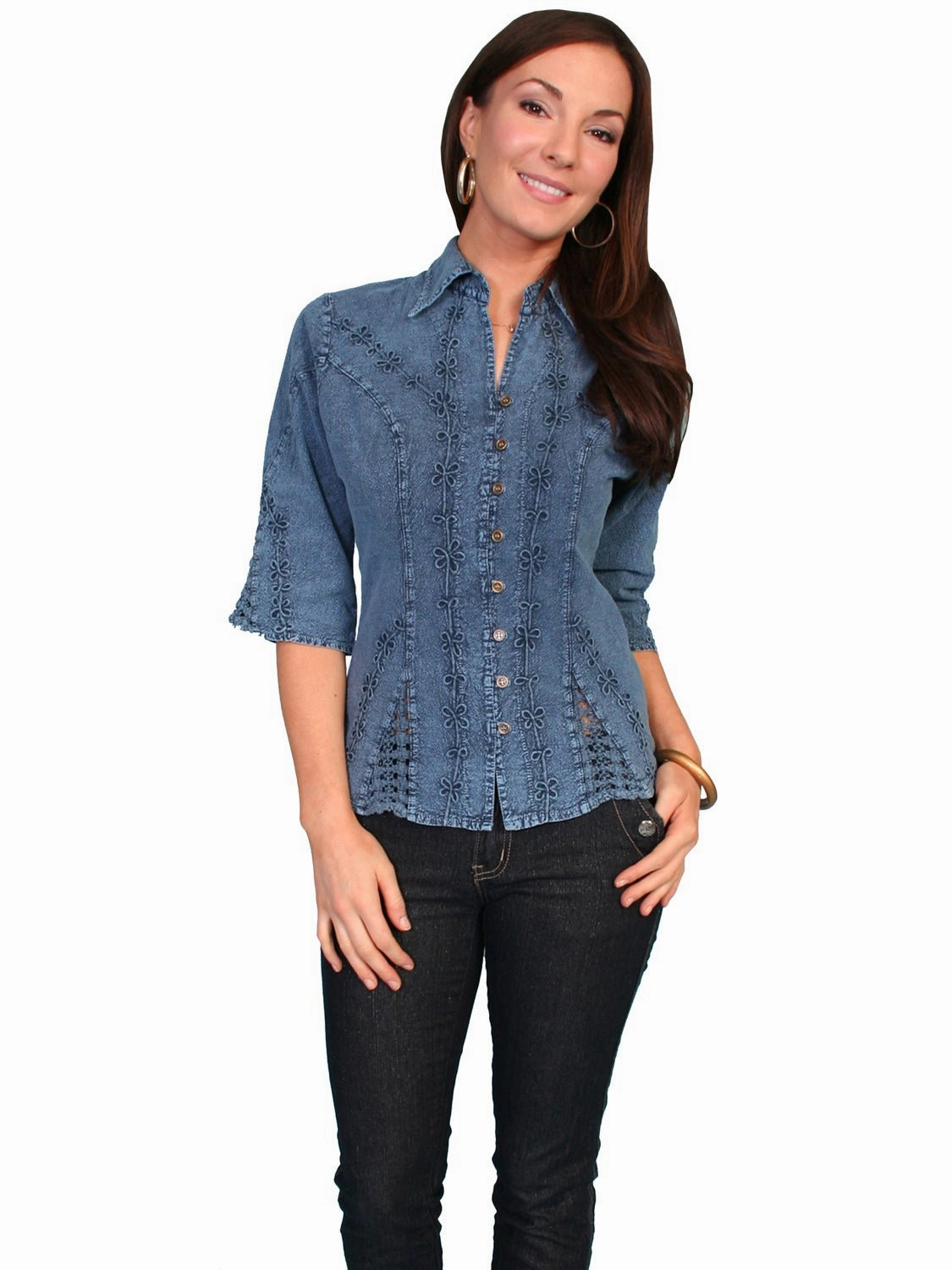 Workwear Approved Scully Cantina Womens Dark Blue 100% Cotton 3/4S Floral Vine Blouse