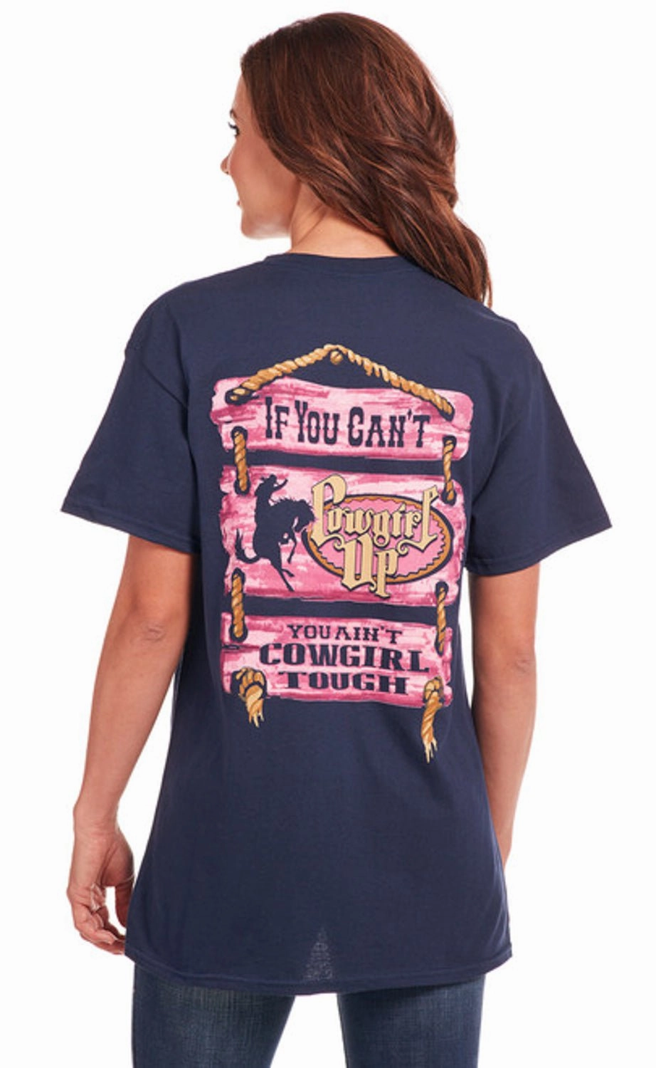 Cowgirl Up Womens Tough Boyfriend Navy 100% Cotton S/S T-Shirt Holiday Style checkered pattern