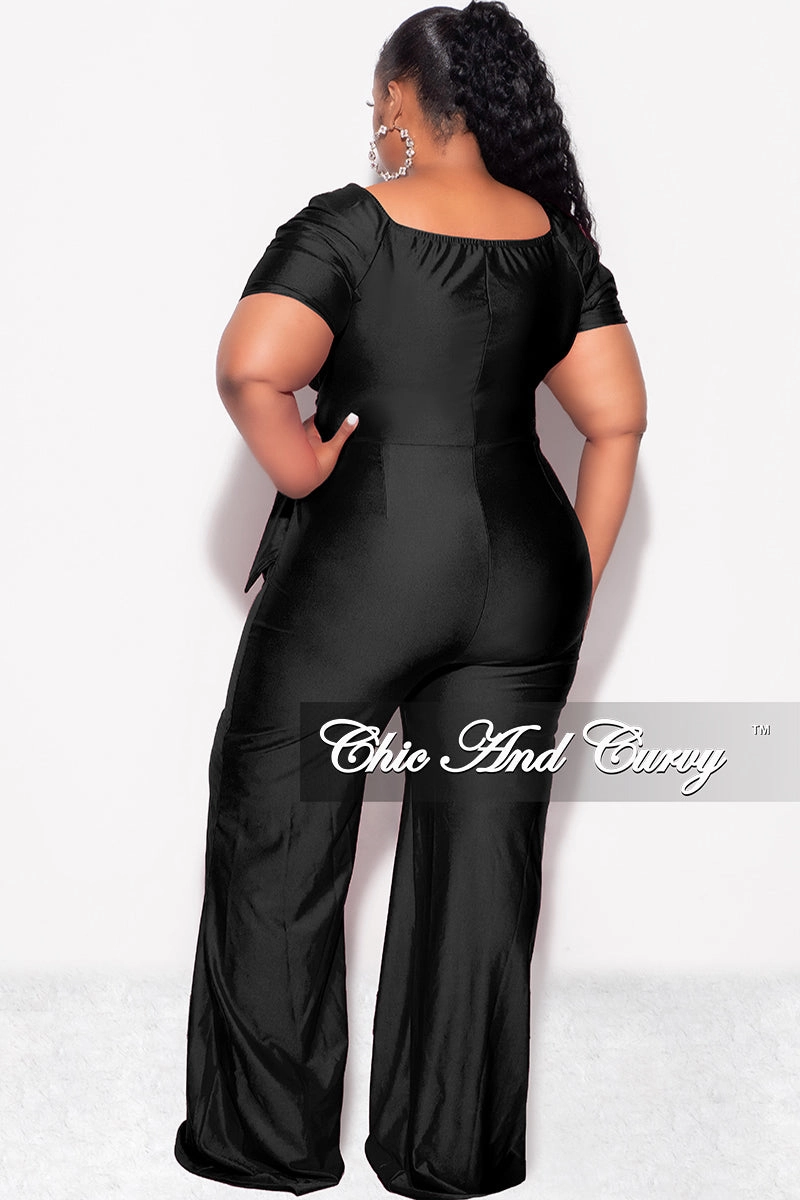 Final Sale Plus Size Shiny Jumpsuit with Ruched Sleeves in Black VersatileLayering Comfortable Fabric