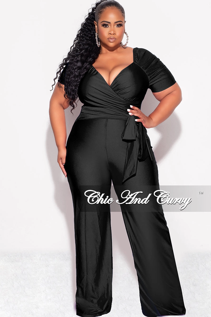 Final Sale Plus Size Shiny Jumpsuit with Ruched Sleeves in Black NeutralPalette Minimalist Design