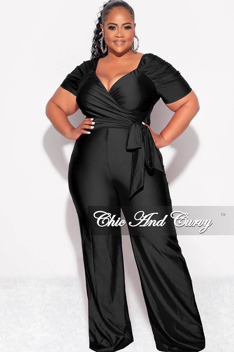vacation wear Tight fit sexiness Final Sale Plus Size Shiny Jumpsuit with Ruched Sleeves in Black