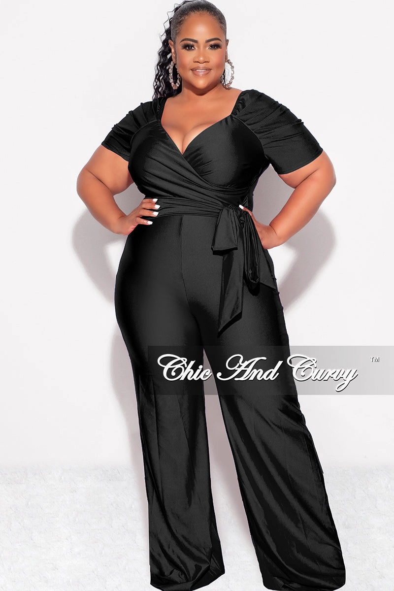 Final Sale Plus Size Shiny Jumpsuit with Ruched Sleeves in Black Luxurious Feel SweatGuard Lining